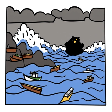 A stormy harbor scene with dark clouds overhead, and rough waves crashing against the rocky shore. In the foreground, there are scattered wooden docks, some of which are being battered by the high waves. At a distance, a large, shadowy monster is partially visible, lurking just beyond the waves, with glowing eyes watching the scene intently. The harbor is filled with boats, some of which are swaying violently in the turbulent water. The scene conveys a sense of chaos and tension from the brewing storm and the presence of the monster.