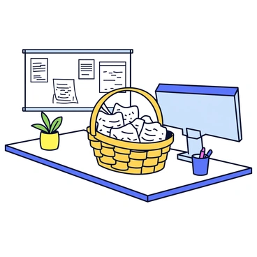 A wicker basket filled with crumpled feedback forms rests on a sleek, modern desk in an office setting. The forms are white with printed text in black, some of the edges slightly torn. The desk is minimalist, featuring a computer monitor, a small potted plant, and a pen holder beside the basket. In the background, a bulletin board displays pinned notices and reminders, adding to the office ambiance.