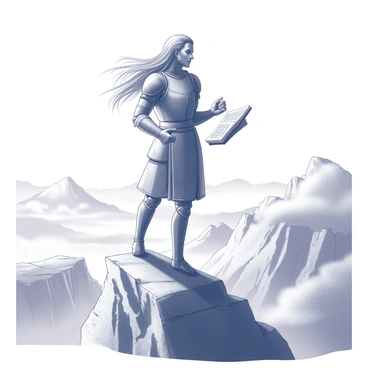 An ancient hero stands tall on a rugged mountain peak, wearing weathered armor that reflects a long history of battles. His long hair flows in the wind, and his expression is one of wisdom and strength. In his hands, he holds an ancient tome, its pages worn and frayed, as he gestures dramatically with his free hand, as if bringing the legends to life. The hero's posture is commanding, facing a vast landscape of jagged cliffs and distant valleys below. Clouds swirl around the peak, adding a sense of mystique to the scene. The details of the hero's armor and the inscriptions on the tome hint at a rich history of lore.