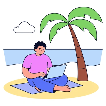 A person sitting cross-legged on the sandy beach. The individual is typing on a laptop keyboard that is placed on a beach towel. A tall palm tree leans slightly to one side, providing shade above. The ocean waves are visible in the background, gently lapping at the shoreline. The sky is clear with a few fluffy white clouds. The person's fingers are poised above the keys, focused on the screen.