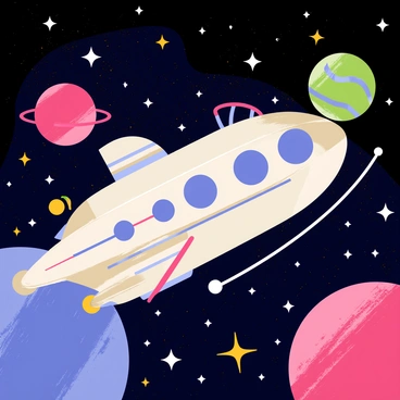 A 1950s spaceship with a shiny metallic body and rounded edges is cruising through a star-filled space backdrop. The spaceship features large, bubble-like windows and retro fins on the sides. Colorful planets with swirls of pink and blue, along with sparkling stars, fill the background. Wispy trails of light emanate from the engines at the back of the spaceship, giving the impression of motion. The scene captures the bold and imaginative design of retro-futurism.
