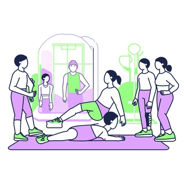 A gym instructor is demonstrating proper glute bridge technique on an exercise mat. The instructor is in a horizontal position with their back on the mat, knees bent, and feet flat on the ground. They are raising their hips to create a straight line from their shoulders to their knees. Around the instructor, there are several attentive students watching closely, some taking notes and others mimicking the posture. The students are on their own mats, dressed in athletic attire suitable for a fitness class. In the background, there are gym equipment and a large mirror reflecting the scene.