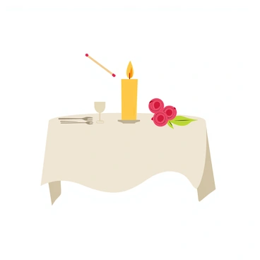 A romantic dinner setting with a small round table covered in a white tablecloth. A single tall candle is positioned in the center of the table, flickering softly as a match is held above it, ready to ignite the candle's wick. Delicate place settings with elegant plates and shiny forks are arranged neatly around the table. A bouquet of red roses is placed next to the candle, adding to the romantic atmosphere. Soft, warm light glows from the candle, creating a cozy ambience for the dinner.