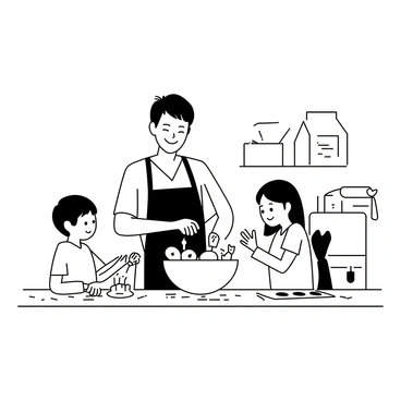 A dad standing at a kitchen counter, mixing cookie dough in a large bowl. He is wearing an apron and has a cheerful expression. Two children are beside him, one boy and one girl, both with flour on their hands and faces. The boy is rolling out dough with a rolling pin, while the girl is using cookie cutters to shape the dough. The kitchen is filled with bags of flour and scattered utensils. A tray of cookies is partially placed in the oven.