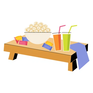 An array of movie night snacks arranged on a wooden coffee table. A large white bowl filled with fluffy popcorn sits in the center. Surrounding the bowl are colorful packs of assorted candies, including red, yellow, and blue wrappers. Several drinks in clear plastic cups with straws are placed next to the snacks, featuring bright shades of orange and green. A cozy blanket is draped over the side of the table, adding to the inviting atmosphere of the scene.