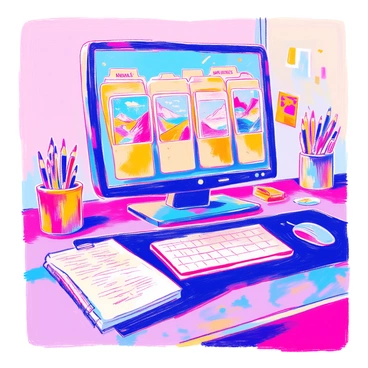 A desktop workspace features a computer screen displaying multiple folders. Each folder is labeled with different illustration categories, such as "Animals," "Landscapes," and "Characters." The folders are opened and filled with vibrant images showcasing various styles. The desktop background is a subtle gradient, and a mouse lies beside a notepad filled with sketches. There are also a few colorful sticky notes pinned to the side of the monitor.