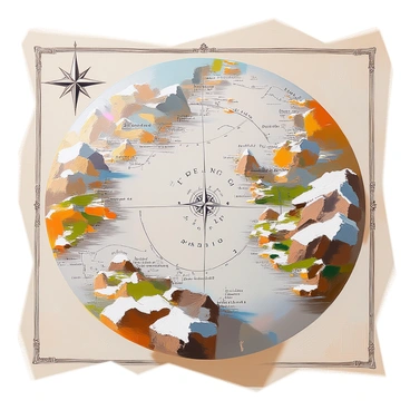 A vintage engraved map detailing an old-world exploration route. The map features intricate compass roses and decorative borders, with navigational symbols marking key locations. Winding lines illustrate the paths taken by explorers, while various terrain types are represented, including mountains, forests, and rivers. Labels in an ornate font identify old ports and landmarks, evoking a sense of historical adventure and discovery. The color palette is earthy, with browns, greens, and faded blues, enhancing the antique feel of the map.