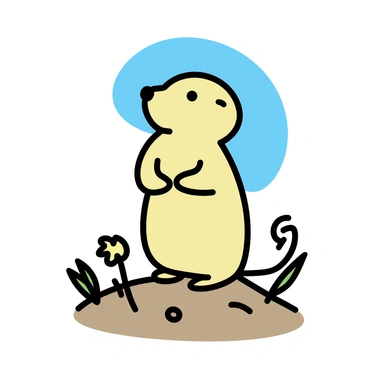 A prairie dog, with a light brown fur coat, standing upright on a brown soil mound. Its small eyes are alert, scanning the green grass and scattered wildflowers around it. The prairie dog has its paws tucked close to its body, showcasing its attentive stance. A clear blue sky is visible above, contrasting with the earthy tones of the scene.