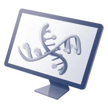 A digital screen is presented with a 3D model of an "rRNA molecule." The model shows intricate details of the molecule's structure, with various elements displayed prominently. The molecule is being rotated, offering a dynamic view of its features. The screen is surrounded by a sleek, modern frame, enhancing the technological aspect of the image. Reflections on the screen add depth to the visual, emphasizing the rotation of the model.