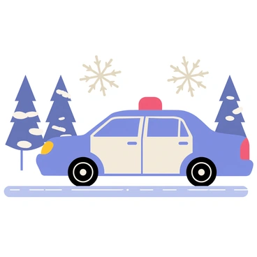 A cartoon-style illustration of a police car with a shiny blue and white exterior. The police car has a bright red and blue light on top, flashing as it drives. The background features a snow-covered road lined with pine trees dusted with snow. Large snowflakes are gently falling from the gray sky, adding to the winter atmosphere. The road is clear of snow, showcasing tire tracks as the police car moves forward, indicating its active response in the winter weather.