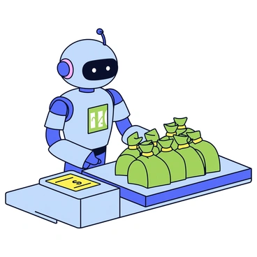 A futuristic robot with a sleek metallic body and glowing blue accents is positioned at a self-checkout station. The robot has a digital display on its chest showing numbers as it counts money bags. Surrounding the robot are several green and gold money bags stacked neatly in a row. The self-checkout area is well-lit, highlighting the robot's advanced features and the money bags.
