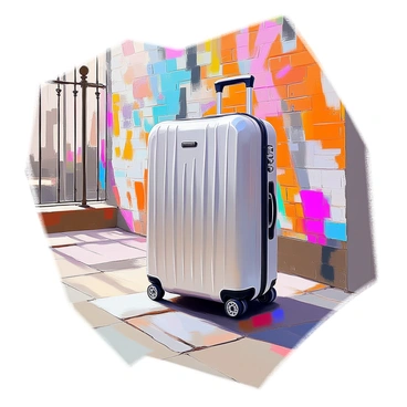 A sleek "Rimowa suitcase" in a metallic finish standing upright. The suitcase features its signature ridged design and is set against a backdrop filled with "vibrant street art" covering a brick wall. The colorful murals depict various artistic styles, including abstract shapes and bold graffiti lettering. The urban environment includes hints of pavement and elements like a wrought-iron fence in the background. The scene captures the contrast between the polished suitcase and the dynamic, lively street art.