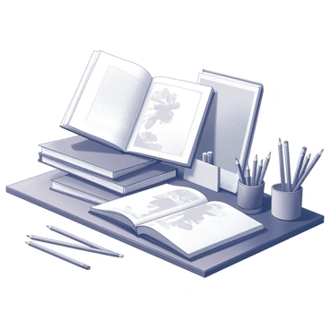A desk cluttered with various sketchbooks stacked on top of each other. The sketchbooks have different sizes and cover designs, with some open to reveal pages filled with sketches. Scattered around the desk are numerous colored pencils arranged haphazardly, some lying on their sides while others are standing upright in a small container. The scene conveys a sense of creativity and artistic energy, accentuated by the variety of shapes and orientations of the stationary items.