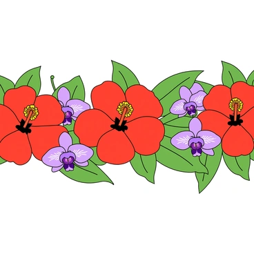 A vibrant border filled with tropical flowers, prominently featuring large red hibiscus blooms with their characteristic star-shaped petals and bright yellow centers. Interspersed among them are delicate purple orchids with intricate patterns on their petals. The flowers are surrounded by lush green leaves, showcasing various shades of green and adding depth to the scene. The entire arrangement is set against a soft, light background that enhances the colors of the flowers and gives a fresh and lively appearance.