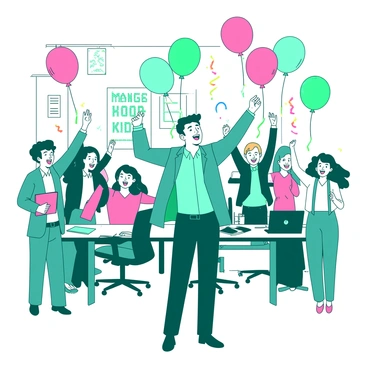 A teal manager stands at the center of a vibrant office, surrounded by a group of employees. They are all cheering joyfully, with big smiles on their faces. Each team member is holding colorful balloons in various sizes, creating a festive atmosphere. Streamers in the background add to the celebration. The manager raises a fist in victory, while the rest of the team has their arms in the air, expressing excitement and camaraderie. The office space has modern desks and motivational posters visible on the walls.