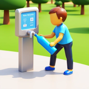 A consumer standing at a public water refill station. The consumer is holding a bright blue reusable water bottle. The refill station features a stainless steel spout and a digital screen displaying water quality information. The background includes a park setting with green grass and trees. The consumer is focused on filling the bottle, with water flowing from the spout into the bottle. The sunlight casts soft shadows on the ground, creating a warm atmosphere.