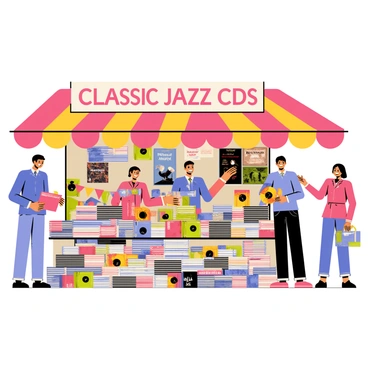 A bustling market stall with a colorful awning displaying "Classic Jazz CDs" in bold letters. The stall is filled with stacks of various CDs featuring iconic jazz album covers. Several people are seen browsing through the collection, with one person holding a CD and smiling. A small sign on the stall highlights special deals. Surrounding the stall are other market vendors, each with their own unique items, creating a lively market atmosphere. Brightly colored decorations hang from the awning, enhancing the cheerful vibe of the scene.