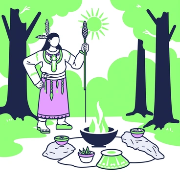 A shaman is standing in a clearing deep in the forest, surrounded by tall trees and dense greenery. He is wearing traditional clothing adorned with various symbols and feathers. In front of him, there is a fire pit with flames flickering, illuminating the area. The shaman holds a staff decorated with beads and intricate designs, raising it towards the sky. Various ceremonial items are arranged on a large, flat stone nearby, including bowls filled with herbs and a small drum. Above, the sun filters through the leaves, creating a dappled light effect on the forest floor.