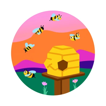 A group of bees flying towards their hexagonal hive. The hive is situated on a wooden post, with small details like a weathered texture and a few flowers nearby. The background features a sunset sky filled with vibrant shades of orange, pink, and purple, casting a warm glow over the scene. The bees have distinct yellow and black stripes and are busy navigating their way home in a gentle, swirling motion.