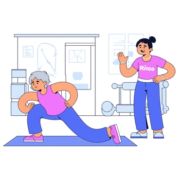 An elderly person performing modified burpees on a gym mat. The individual has gray hair and is wearing comfortable workout clothes. Nearby, a supportive coach, who is standing with a smile, offers encouragement. The coach has short hair and is wearing a bright-colored sports outfit. The setting includes exercise equipment in the background and bright overhead lighting.