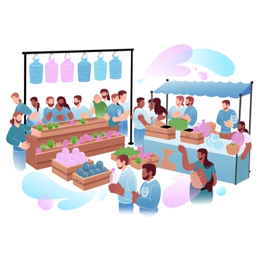 A bustling medieval market scene with vendors selling fruits, fabrics, and pottery