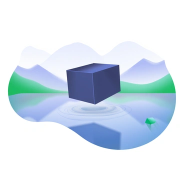 A black box floating above a serene lake surrounded by misty mountains