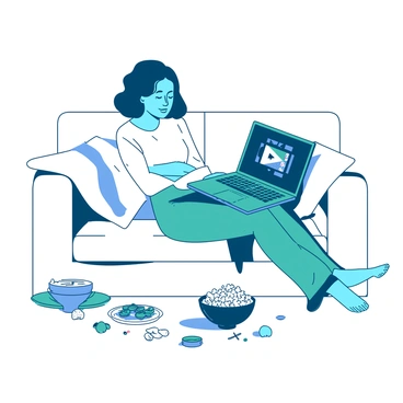 Someone unwinding on a sofa with a laptop and snacks, watching a movie online.