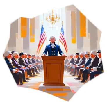 A historical scene depicting "George Washington" standing confidently at a large wooden podium, delivering his farewell address. He is dressed in an elegant, dark blue coat with brass buttons and a white cravat, exuding authority. The grand hall is filled with an attentive audience, consisting of men in 18th-century attire, some wearing hats and wigs. They are seated on benches, leaning forward with expressions of interest and respect. The hall features high ceilings, ornate chandeliers, and large windows allowing natural light to stream in, illuminating the gathering. Behind Washington, an elaborate backdrop includes banners and the American flag, emphasizing the significance of the moment.
