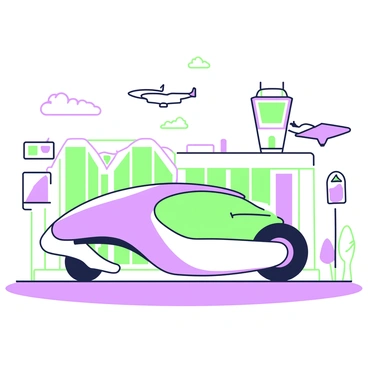 A sleek, futuristic car design parked at an advanced technology airport