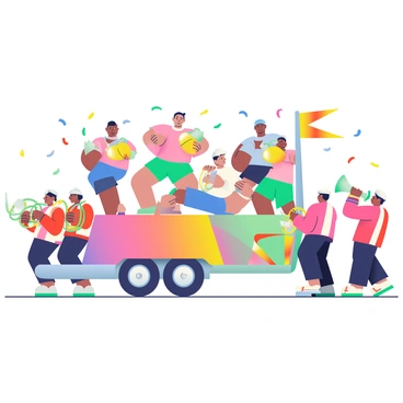 A colorful parade float is prominently featured in the center of the image. On the float, several people are energetically demonstrating kettlebell swings, each person wearing bright athletic wear in various colors. They are engaged in the exercise with lively expressions, showcasing their movements with kettlebells in hand. Surrounding the float, a group of marching band members dressed in traditional uniforms are playing brass instruments, such as trumpets and tubas. The band members are in motion, creating a dynamic atmosphere, while colorful banners and decorations adorn the float, adding vibrancy to the scene. Bright confetti is falling from above, adding to the festive ambiance of the parade.