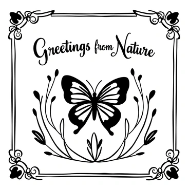 A vintage postcard with intricate designs framing the edges. In the center, there is a beautifully drawn butterfly with detailed patterns on its wings. The background features soft, delicate floral elements that complement the butterfly, enhancing the overall aesthetic of the postcard. The words "Greetings from Nature" are elegantly displayed at the top in an ornate font, adding to the vintage feel.