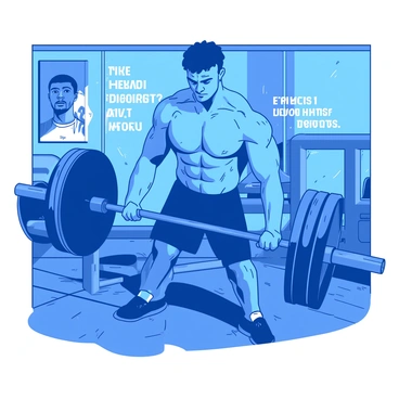 A blue muscular man is lifting a set of large weights in a well-equipped gym. He is focused, with sweat glistening on his forehead. Around him, there are various gym equipment, including benches and other weights. The walls are adorned with motivational quotes in white lettering. A poster of a basketball player can be seen in the background, adding to the fitness atmosphere.