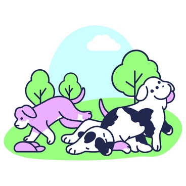 A group of cartoon-style puppies with oversized paws is playing in a grassy park. The puppies vary in breed, showcasing different fur patterns and colors, with some having floppy ears and others having pointy ears. They are energetically running and tumbling over each other, creating a playful atmosphere. In the background, there are a few trees with lush canopies and a clear blue sky overhead. A picnic blanket is spread out nearby, with a few toys scattered around, enhancing the scene's liveliness.