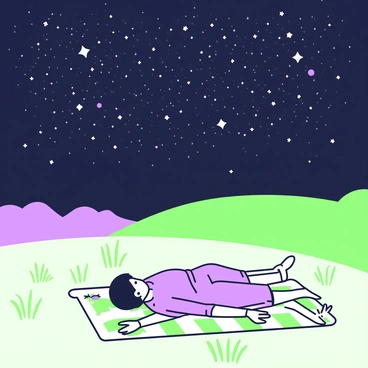 A stargazer is lying on a blanket spread out in an open field. The blanket is checkered, providing a contrast to the long grass surrounding it. The person is on their back, with arms stretched out beside them, gazing up at the sky. Above, a vast expanse of stars twinkles brightly against the darkness of the night. The stars form various constellations, scattered across the sky in a mesmerizing display. The horizon is gently illuminated by a faint glow, suggesting the presence of distant landscapes.