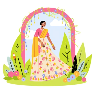 A bride wearing a colorful floral lehenga stands gracefully in a lush garden. The lehenga features vibrant floral patterns in shades of pink, yellow, and green. She is positioned under a beautifully decorated archway adorned with cascading flowers and twinkling fairy lights. The garden is filled with green foliage, blooming flowers of various colors, and a clear blue sky above, creating a picturesque setting for the bride's moment.