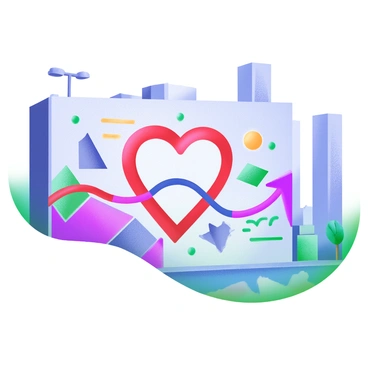 A large mural painted on a city wall features a "giant heart line" that flows across the surface, its shape undulating and twisting. The heart line is intertwined with "vibrant colors" such as deep reds, vivid blues, and bright yellows. Surrounding the heart line are intricate "patterns" that include geometric shapes, flowing lines, and abstract forms, creating a lively and dynamic composition. The mural captures the attention of passersby, adding a burst of life to the urban environment.