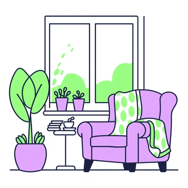 A cozy reading nook next to a window, filled with plants and a comfy chair.