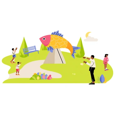 A large, whimsical statue of a fish, crafted with bright, colorful patterns, is prominently displayed in a public park. The fish, with exaggerated features such as oversized fins and scales, is positioned on a smooth stone pedestal. Surrounding the statue are lush green lawns and vibrant flower beds, adding a lively atmosphere to the scene. A few children are playing nearby, and a couple of benches can be seen in the background, inviting visitors to relax and admire the statue.
