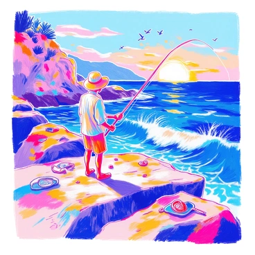 A fisherman is standing on a rocky shore in Mallorca, holding a fishing rod with a taut line extended towards the water. He is wearing a wide-brimmed hat, a light blue shirt, and rugged shorts. Waves are crashing against the rocks, sending splashes of water into the air. In the background, the deep blue sea stretches to the horizon, where the sky meets the water. The sun is setting, casting warm golden hues across the scene. Small fishing gear is scattered around the fisherman, and seabirds can be seen gliding above the water.