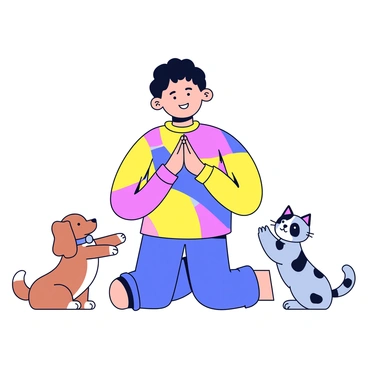 A person wearing a colorful outfit is performing a "namaskar" pose with their hands pressed together in front of their chest. The person has a joyful expression on their face. Nearby, a small dog and a cat sit on their hind legs, imitating the pose with their front paws raised together. The dog has a fluffy coat and the cat has a sleek, patterned fur. The background is simple, conveying a lighthearted atmosphere.