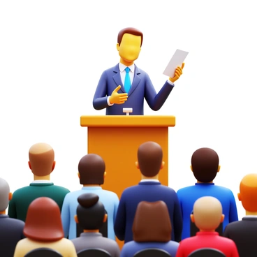 A public speaking candidate standing confidently at a podium. The candidate is dressed in formal attire, holding notes in one hand while gesturing with the other. The podium is adorned with a small microphone. In the foreground, there are interested audience members, some taking notes while others are attentively listening. The audience is seated in rows, with a diverse group of individuals visible, including men and women of various ages and ethnicities. The setting has bright lighting that highlights the candidate.
