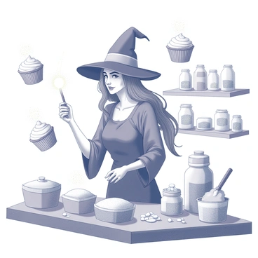 A witch stands behind a wooden table filled with various baking ingredients. She has long, flowing hair and wears a pointed hat. Magical cupcakes are floating in the air around her, each adorned with glittering icing that appears to glow. The witch is waving her wand, and small sparkles of light are trailing from its tip. The background features shelves filled with jars of ingredients and herbs, emphasizing the enchanting atmosphere of her kitchen.