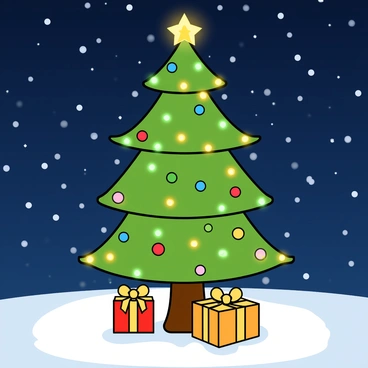 A tall Christmas tree adorned with colorful ornaments and twinkling lights. The tree is topped with a shining star, and the lights create a warm glow all around. Snowflakes gently fall from a dark blue night sky filled with scattered twinkling stars. The ground is covered in a soft layer of white snow, reflecting the tree's light. In the foreground, there are a few wrapped gifts with shiny bows placed around the base of the tree.