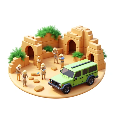 A 4x4 vehicle parked on a dusty terrain near "ancient ruins" composed of crumbling stone structures and overgrown vegetation. Several "archaeologists" are scattered around the site, dressed in beige clothing and wearing hats for sun protection. They are carefully examining artifacts and taking notes, while some are using brushes to clean dirt off exposed relics. The sky above is clear, providing bright lighting to highlight the intricate details of the ruins and the focused expressions of the archaeologists.
