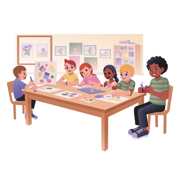 A group of five children sitting at a large wooden table in a bright classroom. The first child on the left is a boy with light brown hair, wearing a blue t-shirt, focused on drawing with colored pencils on a sheet of paper that has colorful shapes. Next to him is a girl with curly black hair wearing glasses and a yellow shirt, enthusiastically painting on a canvas with vibrant colors. To the right, a girl with straight dark hair tied in a ponytail, wearing a pink dress, is cutting out shapes from colored paper with scissors. Beside her, a boy with short blond hair and wearing a green striped shirt is gluing various pieces of paper together. The last child, a girl with red hair in braids, is sitting at the end of the table, smiling as she shows her completed artwork to the others. The walls of the classroom are decorated with various colorful artwork created by the students, and there are shelves filled with art supplies in the background.