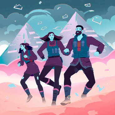 A diverse team of survivors, featuring two men and two women, is battling a fierce sandstorm while crossing towering dunes. The men, one with short black hair and the other with a rugged beard, are wearing protective goggles and heavy, tattered jackets. The women, one with long brown hair and the other with a buzz cut, are equipped with face masks and sturdy boots. Sand swirls violently around them, creating a chaotic atmosphere. In the background, the towering dunes rise dramatically against a darkened sky filled with swirling clouds and flying debris. The survivors are leaning forward against the wind, determined expressions on their faces as they struggle to push through the harsh conditions.