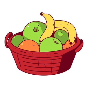 A red basket is filled with a variety of fruits including several green apples, some bright yellow bananas, and vibrant orange oranges. The apples are shiny and fresh, resting snugly among the bananas, which are arranged in a curved position. The oranges are scattered throughout the basket, adding a pop of color, and the basket itself has a woven texture that adds detail to the scene.