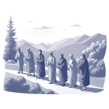 A diverse group of pilgrims walking together on a scenic trail. The group includes individuals of various ethnic backgrounds, dressed in traditional attire and carrying walking sticks. They are smiling and chatting among themselves, creating a sense of camaraderie. The trail winds through a lush landscape filled with trees and shrubs. In the background, gentle hills rise, partially obscured by a few wispy clouds in the sky. Sunlight filters through the leaves, casting intricate shadows on the ground, while a distant mountain range provides a majestic backdrop.