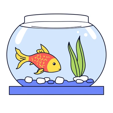 A classic goldfish with bright orange scales is swimming gracefully in a small, round fish bowl. The bowl is filled with clear water and a few small pebbles at the bottom. Inside the bowl, there are a couple of green aquatic plants swaying gently. The fish bowl is placed on a windowsill, and sunlight is streaming in, casting soft reflections on the bowl's surface.