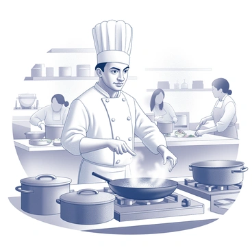 A chef stands in a lively kitchen, surrounded by various pots and pans. The chef, wearing a classic white chef's coat and a tall chef's hat, is skillfully twirling a fourchette in one hand. The other hand is poised, ready to add ingredients to a sizzling pan on the stove. The kitchen is filled with activity; other cooks are chopping vegetables and stirring sauces, while steam rises from the stovetop. In the background, shelves are lined with spices and utensils, creating a dynamic and bustling culinary environment.
